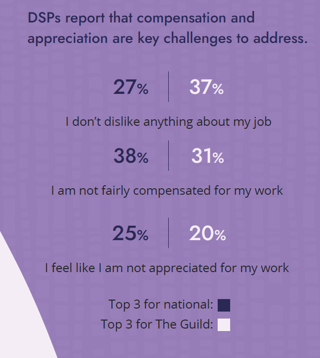 DSPs report that compensation and appreciation are key challenges to address. "I don't dislike anything about my job" (27% National, 37% The Guild). "I am not fairly compensated for my work" (38% National, 31% The Guild). "I feel like I am not appreciated for my work" (25% National, 20% The Guild).