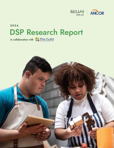 The cover image for the report is light green with a dark green title that reads "2024 DSP Research Report in collaboration with The Guild for Human Services". A photo shows two individuals working together with tools and aprons.